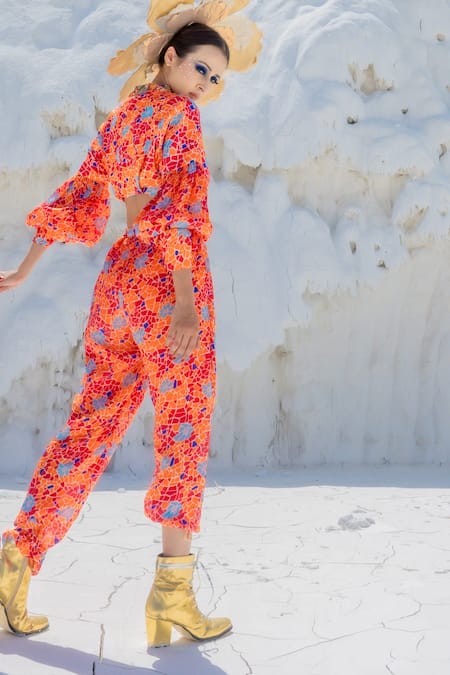 Shop Etasha By Asha Jain Orange Satin Organza Geometric Print, Applique Short Blazer With Joggers at Aza Fashions Shop_Etasha By Asha Jain_Orange Satin Organza Geometric Print, Applique Short Blazer With Joggers _at_Aza_Fashions