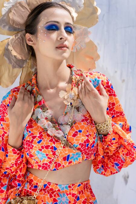 Shop Etasha By Asha Jain Orange Satin Organza Geometric Print, Applique Short Blazer With Joggers Online at Aza Fashions Shop_Etasha By Asha Jain_Orange Satin Organza Geometric Print, Applique Short Blazer With Joggers _Online_at_Aza_Fashions