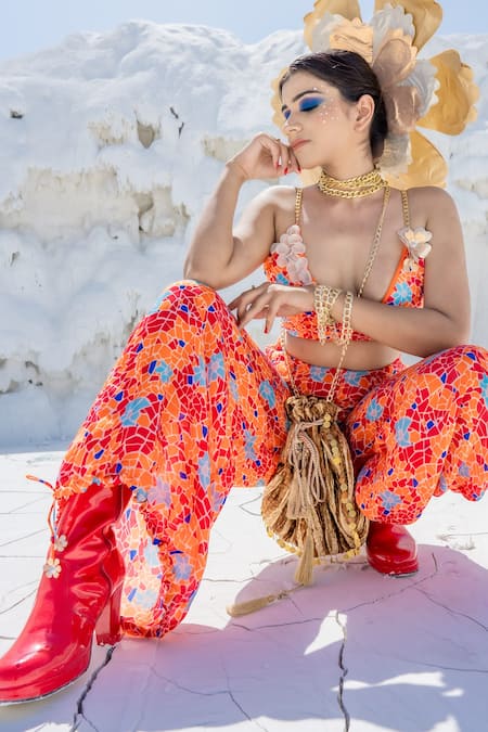 Shop Etasha By Asha Jain Orange Satin Organza Geometric Print, Applique Metallic Crop Top And Pant Set at Aza Fashions Shop_Etasha By Asha Jain_Orange Satin Organza Geometric Print, Applique Metallic Crop Top And Pant Set _at_Aza_Fashions
