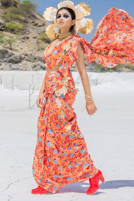 Etasha By Asha Jain Orange Habutai Silk Geometric Print, Applique Pre-draped Saree With Blouse Online at Aza Fashions Etasha By Asha Jain_Orange Habutai Silk Geometric Print, Applique Pre-draped Saree With Blouse _Online_at_Aza_Fashions