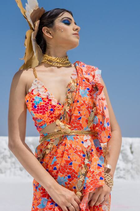 Buy Etasha By Asha Jain Orange Habutai Silk Geometric Print, Applique Pre-draped Saree With Blouse Online at Aza Fashions Buy_Etasha By Asha Jain_Orange Habutai Silk Geometric Print, Applique Pre-draped Saree With Blouse _Online_at_Aza_Fashions