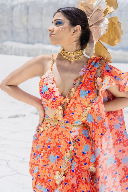 Shop Etasha By Asha Jain Orange Habutai Silk Geometric Print, Applique Pre-draped Saree With Blouse Online at Aza Fashions Shop_Etasha By Asha Jain_Orange Habutai Silk Geometric Print, Applique Pre-draped Saree With Blouse _Online_at_Aza_Fashions