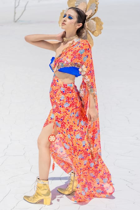 Etasha by Asha Jain Printed Pre-Draped Saree With Bralette 