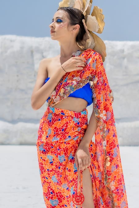 Etasha By Asha Jain Printed Pre-Draped Saree With Bralette 