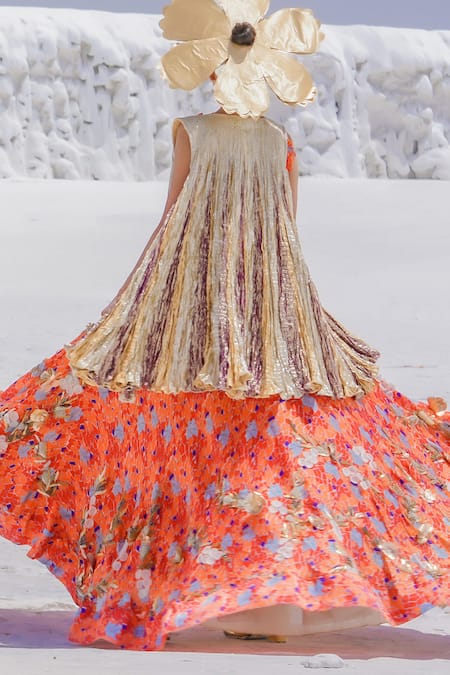 Shop Etasha By Asha Jain Orange Tulle, Gota Tissue, Habutai Geometric Print, Applique Jacket Lehenga Set at Aza Fashions Shop_Etasha By Asha Jain_Orange Tulle, Gota Tissue, Habutai Geometric Print, Applique Jacket Lehenga Set _at_Aza_Fashions