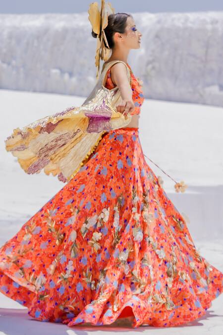 Etasha By Asha Jain Orange Tulle, Gota Tissue, Habutai Geometric Print, Applique Jacket Lehenga Set Online at Aza Fashions Etasha By Asha Jain_Orange Tulle, Gota Tissue, Habutai Geometric Print, Applique Jacket Lehenga Set _Online_at_Aza_Fashions