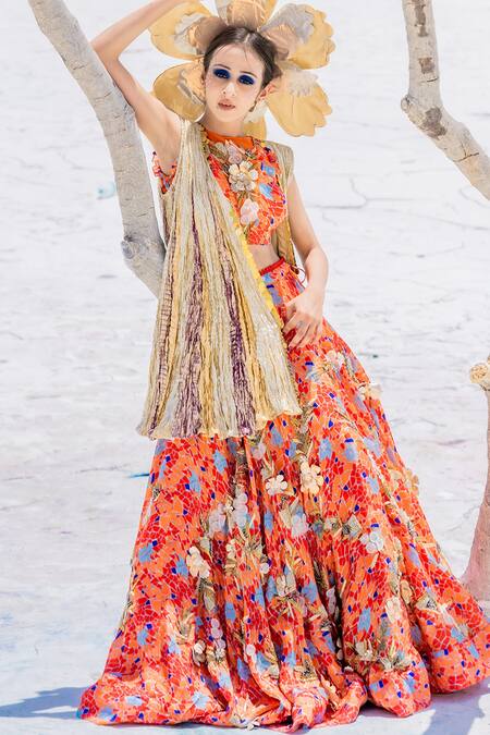 Shop Etasha By Asha Jain Orange Tulle, Gota Tissue, Habutai Geometric Print, Applique Jacket Lehenga Set Online at Aza Fashions Shop_Etasha By Asha Jain_Orange Tulle, Gota Tissue, Habutai Geometric Print, Applique Jacket Lehenga Set _Online_at_Aza_Fashions