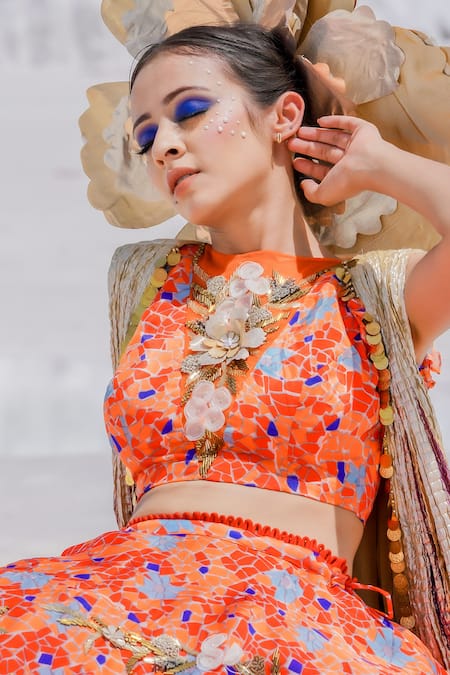 Etasha By Asha Jain Orange Tulle, Gota Tissue, Habutai Geometric Print, Applique Jacket Lehenga Set at Aza Fashions Etasha By Asha Jain_Orange Tulle, Gota Tissue, Habutai Geometric Print, Applique Jacket Lehenga Set _at_Aza_Fashions