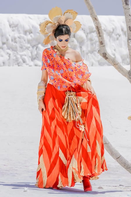 Shop Etasha By Asha Jain Orange Habutai Silk And Gota Tissue Geometric Print, Applique Chevron Lehenga Set at Aza Fashions Shop_Etasha By Asha Jain_Orange Habutai Silk And Gota Tissue Geometric Print, Applique Chevron Lehenga Set _at_Aza_Fashions