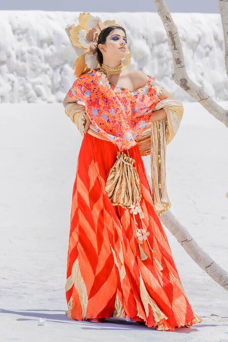 Etasha By Asha Jain Orange Habutai Silk And Gota Tissue Geometric Print, Applique Chevron Lehenga Set Online at Aza Fashions Etasha By Asha Jain_Orange Habutai Silk And Gota Tissue Geometric Print, Applique Chevron Lehenga Set _Online_at_Aza_Fashions