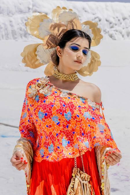 Buy Etasha By Asha Jain Orange Habutai Silk And Gota Tissue Geometric Print, Applique Chevron Lehenga Set Online at Aza Fashions Buy_Etasha By Asha Jain_Orange Habutai Silk And Gota Tissue Geometric Print, Applique Chevron Lehenga Set _Online_at_Aza_Fashions