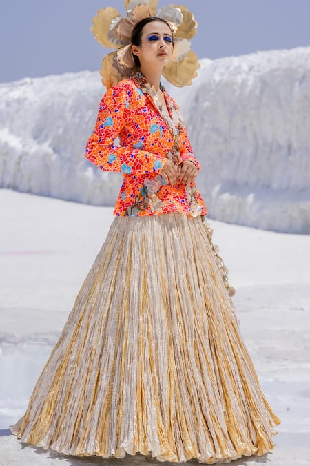 Etasha By Asha Jain_Orange Satin, Organza And Gota Tissue Geometric Print, Applique Lehenga Set _Online_at_Aza_Fashions