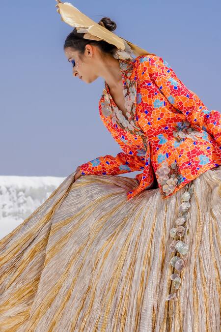 Buy_Etasha By Asha Jain_Orange Satin, Organza And Gota Tissue Geometric Print, Applique Lehenga Set _Online_at_Aza_Fashions