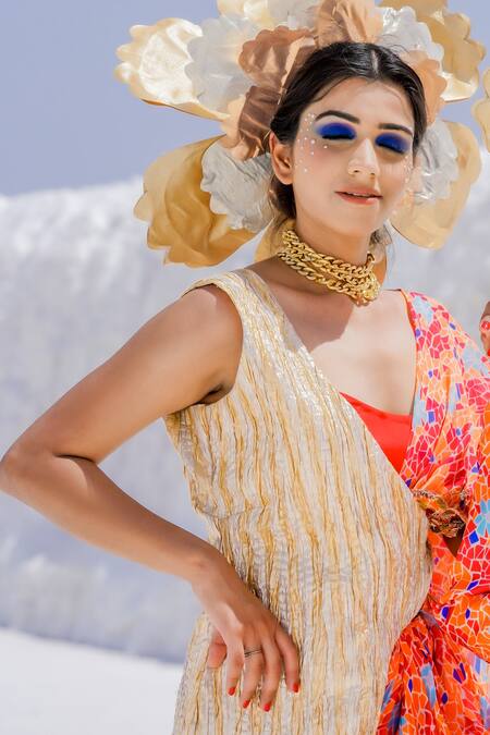 Etasha By Asha Jain Gold Organza And Gota Tissue Geometric Print, Pre-draped Skirt Saree With Bralette Online at Aza Fashions Etasha By Asha Jain_Gold Organza And Gota Tissue Geometric Print, Pre-draped Skirt Saree With Bralette _Online_at_Aza_Fashions