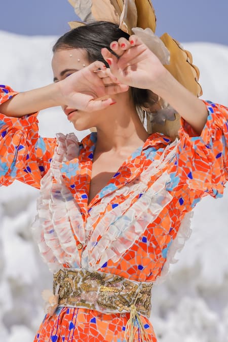 Etasha By Asha Jain_Orange Habutai Silk Geometric Print, Zardozi Lapel Collar Jumpsuit With Belt _Online_at_Aza_Fashions