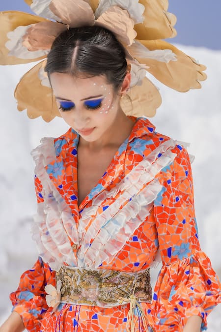 Buy_Etasha By Asha Jain_Orange Habutai Silk Geometric Print, Zardozi Lapel Collar Jumpsuit With Belt _Online_at_Aza_Fashions