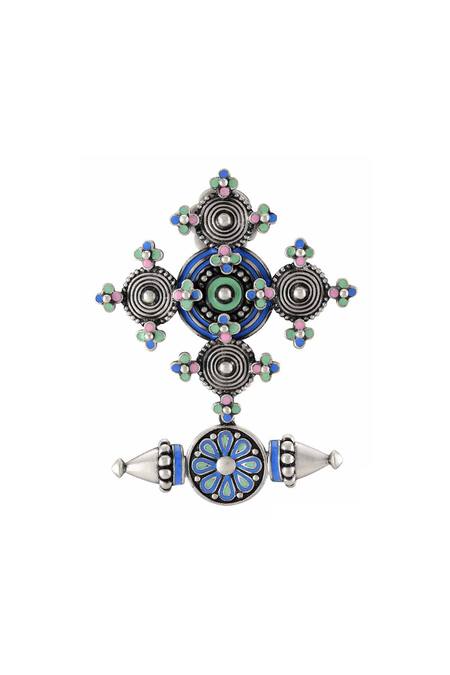 Tribe Amrapali_Silver Plated Enamel Coin Spike Flower Earrings _Online_at_Aza_Fashions