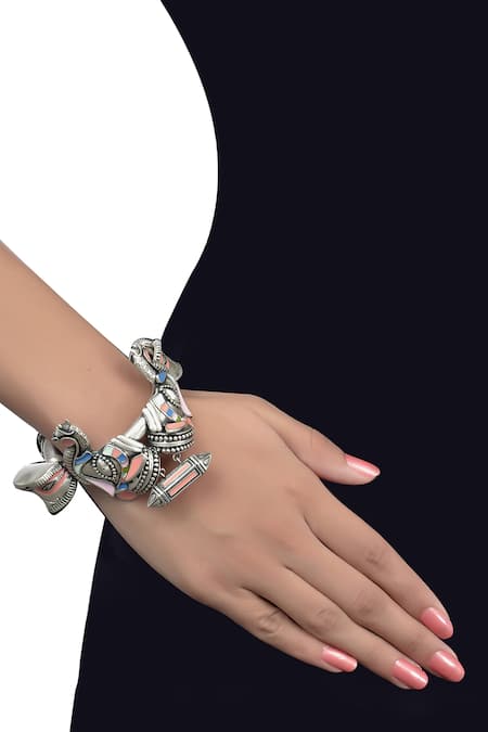 Tribe Amrapali Oxidized Silver Elephant Hand Cuff 