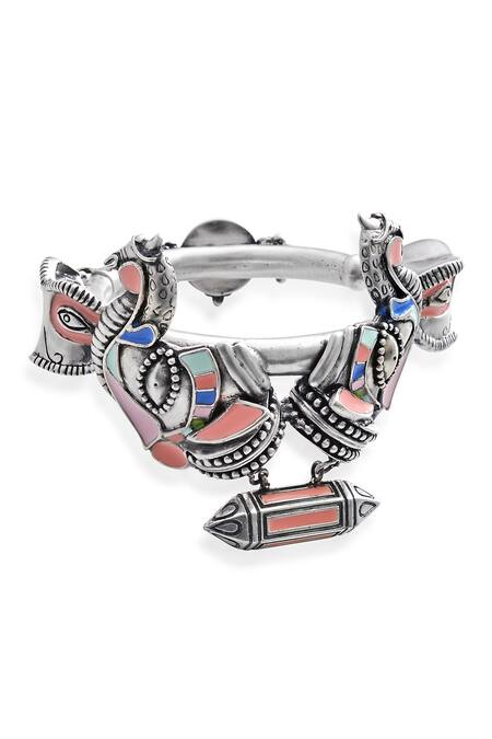 Tribe Amrapali_Silver Plated Enamel Oxidized Elephant Hand Cuff _Online_at_Aza_Fashions
