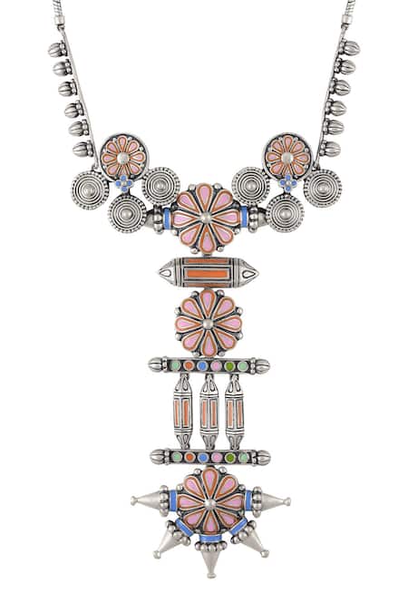 Tribe Amrapali Silver Plated Enamel Flower Coin Taveez Necklace Online at Aza Fashions Tribe Amrapali_Silver Plated Enamel Flower Coin Taveez Necklace _Online_at_Aza_Fashions