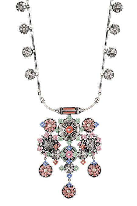 Tribe Amrapali Silver Plated Enamel Coin Taveez Necklace Online at Aza Fashions Tribe Amrapali_Silver Plated Enamel Coin Taveez Necklace _Online_at_Aza_Fashions