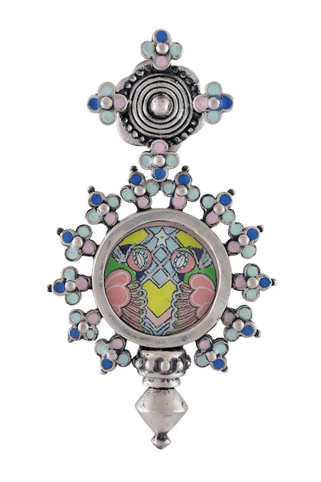 Tribe Amrapali_Silver Plated Embroidery Hand Painted Enamel Coin Earrings _Online_at_Aza_Fashions