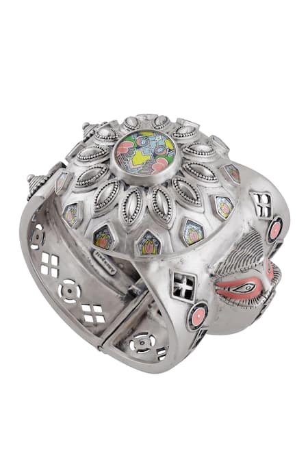 Tribe Amrapali_Silver Plated Handmade Painting Oxidized Hand Painted Cuff Bracelet _Online_at_Aza_Fashions