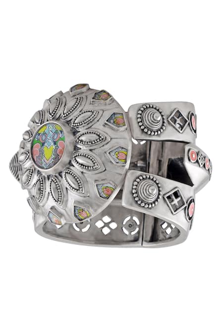 Buy_Tribe Amrapali_Silver Plated Handmade Painting Oxidized Hand Painted Cuff Bracelet _Online_at_Aza_Fashions