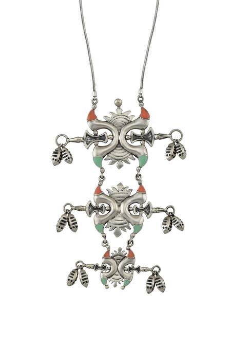 Tribe Amrapali_Silver Plated Enamel Surya Pendant Necklace _Online_at_Aza_Fashions