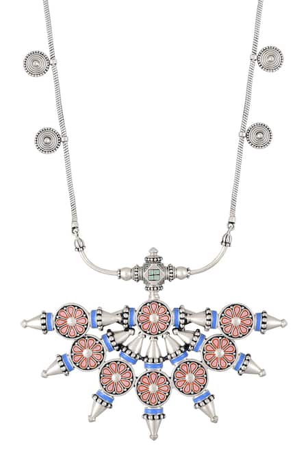 Tribe Amrapali_Silver Plated Enamel Coin Flower Necklace _Online_at_Aza_Fashions