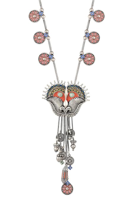 Tribe Amrapali_Silver Plated Enamel Kirtimukha Charm Necklace _Online_at_Aza_Fashions