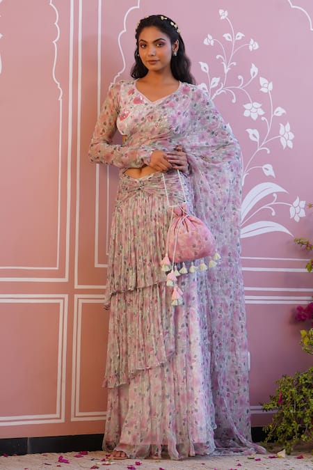 Baise Gaba Pink Saree - Chiffon And Modal Cotton Printed Floral Shell Pre-draped 