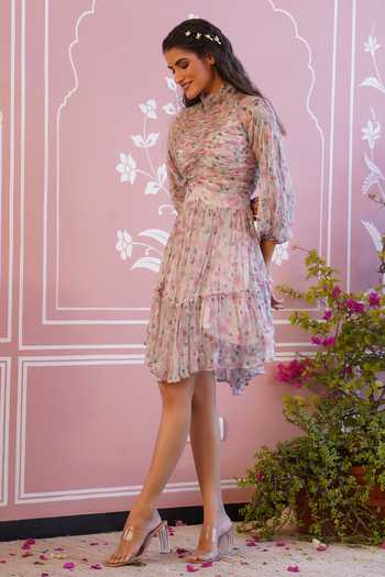 Baise Gaba_Pink Dress - Chiffon, Slip - Cotton Modal Floral High Neck Shirley Print_Online_at_Aza_Fashions