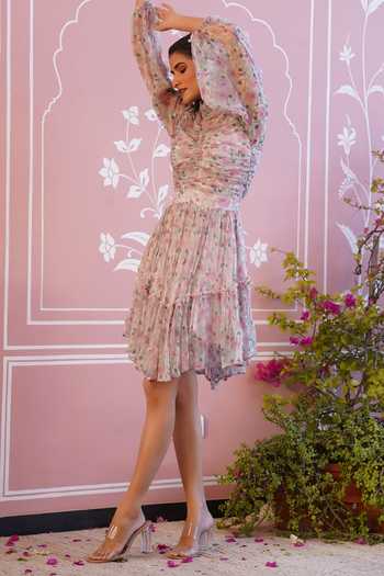 Buy_Baise Gaba_Pink Dress - Chiffon, Slip - Cotton Modal Floral High Neck Shirley Print_Online_at_Aza_Fashions