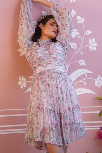 Shop_Baise Gaba_Pink Dress - Chiffon, Slip - Cotton Modal Floral High Neck Shirley Print_Online_at_Aza_Fashions