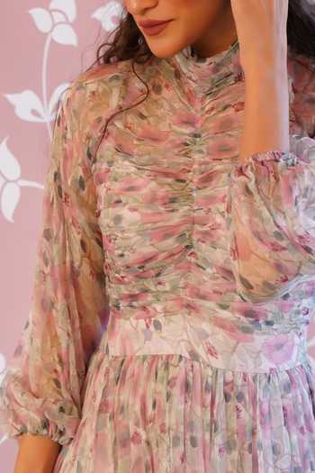 Baise Gaba_Pink Dress - Chiffon, Slip - Cotton Modal Floral High Neck Shirley Print_at_Aza_Fashions