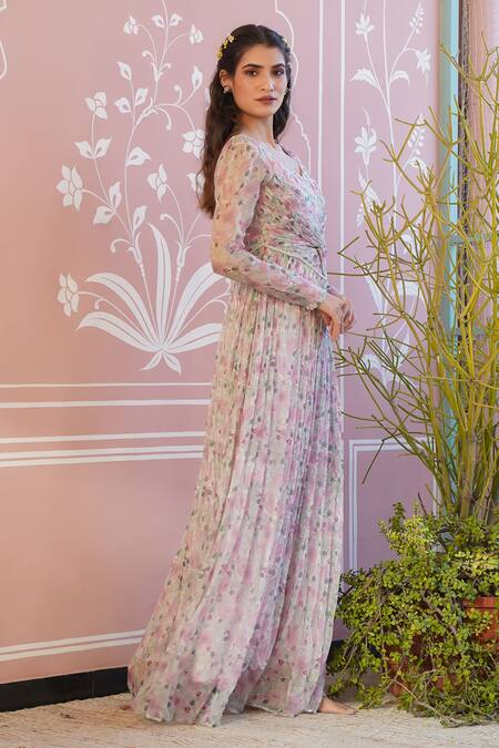 Baise Gaba_Pink Gown - Chiffon, Lining - Modal Cotton Floral V Neck Maiden Print_Online_at_Aza_Fashions
