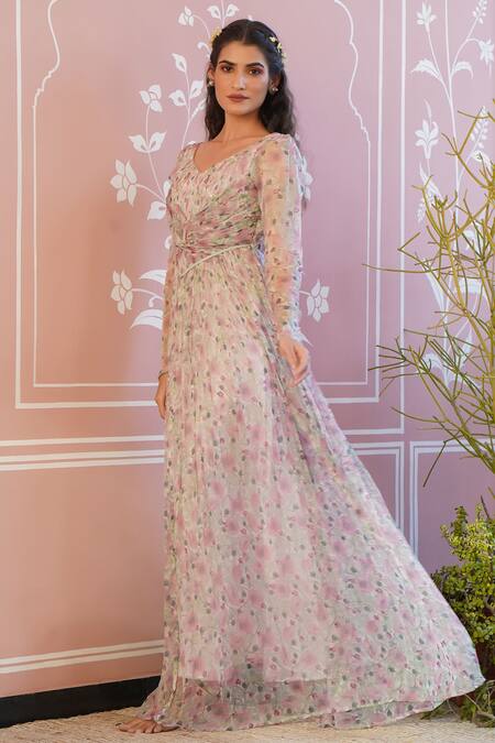 Shop_Baise Gaba_Pink Gown - Chiffon, Lining - Modal Cotton Floral V Neck Maiden Print_Online_at_Aza_Fashions
