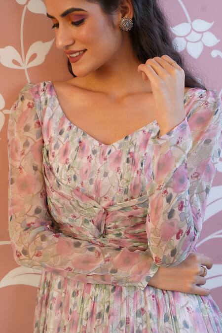Baise Gaba_Pink Gown - Chiffon, Lining - Modal Cotton Floral V Neck Maiden Print_at_Aza_Fashions