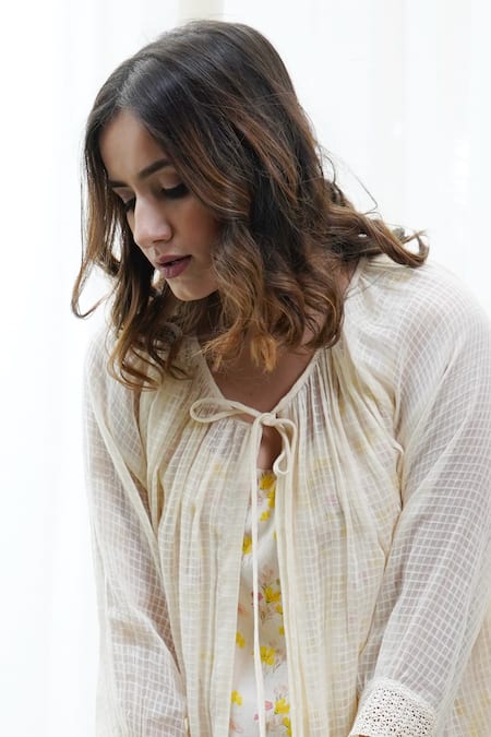 Tussah By Siddhi Shah_White Handloom And Woven Floral Print Textured Shrug With Dress_at_Aza_Fashions