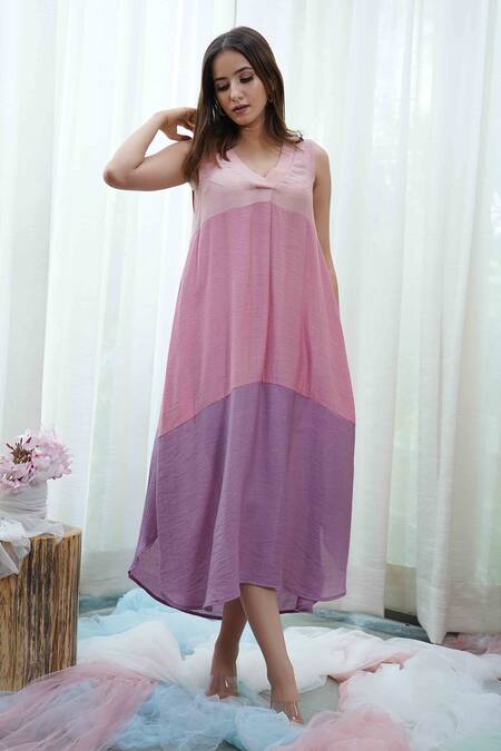 Buy Purple Textured Cotton V Neck Color Block Midi Dress For Women
