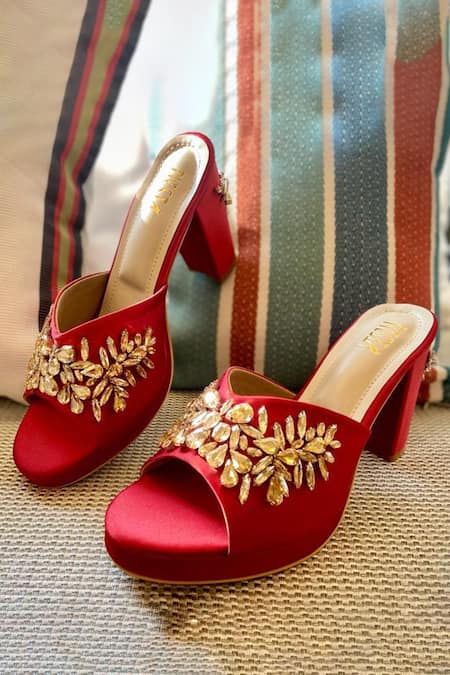 Tiesta Red Embellished Suede Mule Block Heels