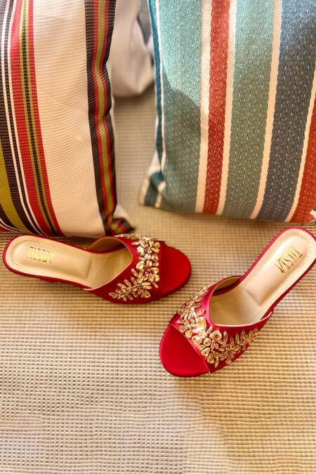 Buy_Tiesta_Red Crystals Suede Mule Block Heels _Online_at_Aza_Fashions