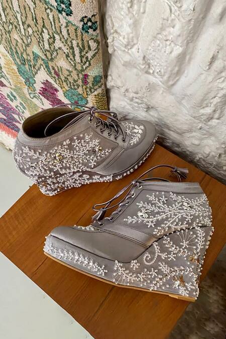 Buy_Tiesta_Grey Embroidered Sneaker Wedges _Online_at_Aza_Fashions
