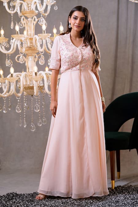 Tamaraa By Tahani_Pink Silk Taffeta Floral, Sequin Leaf Neck Primrose Embroidered Kurta And Pant Set_Online_at_Aza_Fashions