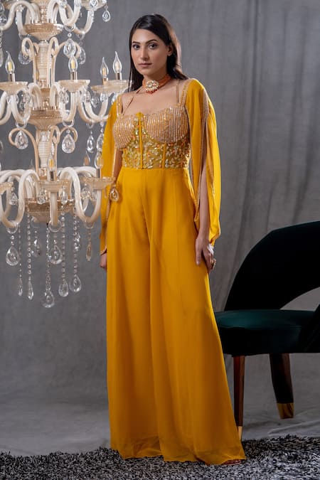 Tamaraa By Tahani Yellow Silk Embroidery Sequin Straight Nevina Jumpsuit 