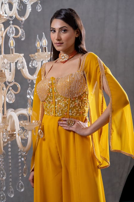 Tamaraa By Tahani Yellow Silk, Net Floral, Sequin Straight Nevina Embroidered Jumpsuit Online at Aza Fashions Tamaraa By Tahani_Yellow Silk, Net Floral, Sequin Straight Nevina Embroidered Jumpsuit _Online_at_Aza_Fashions