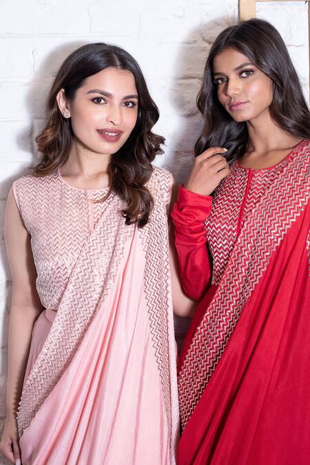 Shop_Vasavi Shah_Pink Cotton, Slub Silk Pipe Round Lehenga Saree With Embroidered Crop Top _Online_at_Aza_Fashions