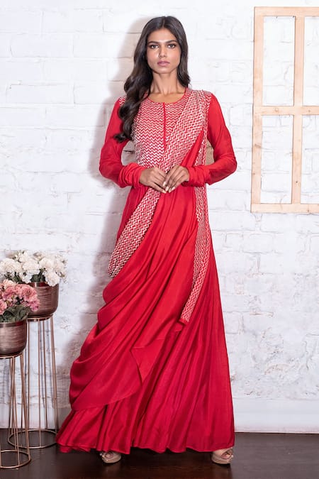 Vasavi Shah Red Cotton, Slub Silk Chevron, Pipe Embroidered Anarkali With Draped Dupatta