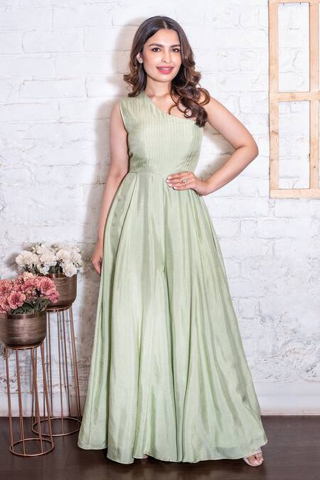 Shop Vasavi Shah Green Cotton, Organza, Silk Slub Floral, Jacket With One Shoulder Jumpsuit at Aza Fashions Shop_Vasavi Shah_Green Cotton, Organza, Silk Slub Floral, Jacket With One Shoulder Jumpsuit _at_Aza_Fashions